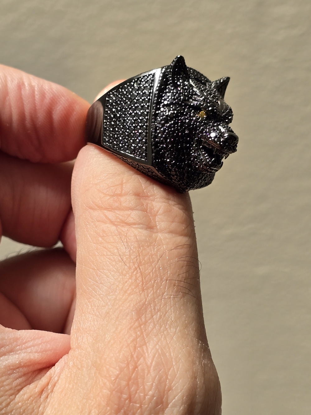 Neve Jewelry Sterling Silver 925 Moissanite Pave Black Wolf Head Luxury Ring - Picture 6 of 9